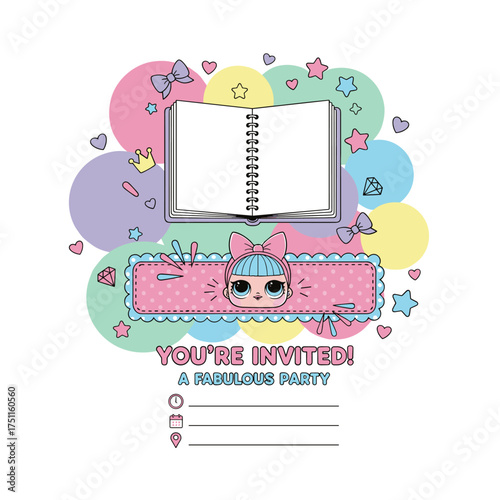 A whimsical abstract background featuring a notebook and stars in vector style, with a kawaii theme and a girlish Lol surprise doll decoration banner, serving as an invitation card template