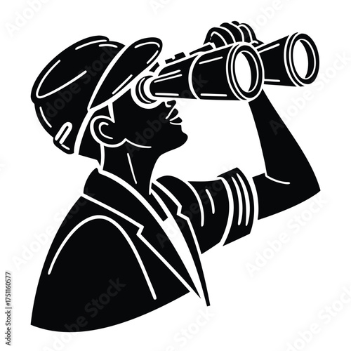 Person looking through binoculars isolated on white background