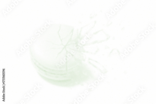 Surreal macaron cookie shattering like glass vector illustration. Abstract retro halftone dot pattern design in soft pastel green for creative dessert-themed concepts.
