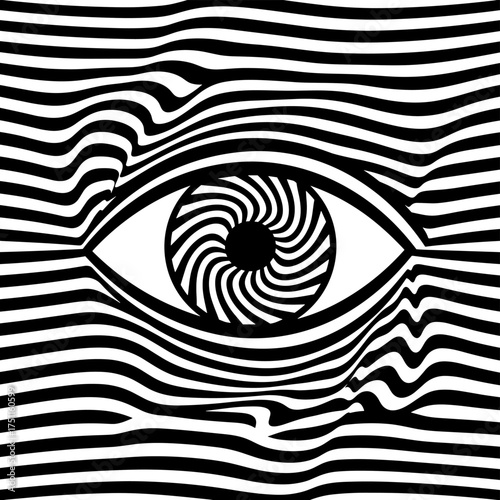 A human eye depicted as an artistic optical illusion, featuring a wavy line pattern background in vector illustration, portraying an all‑seeing surreal eye in black and white modern abstraction