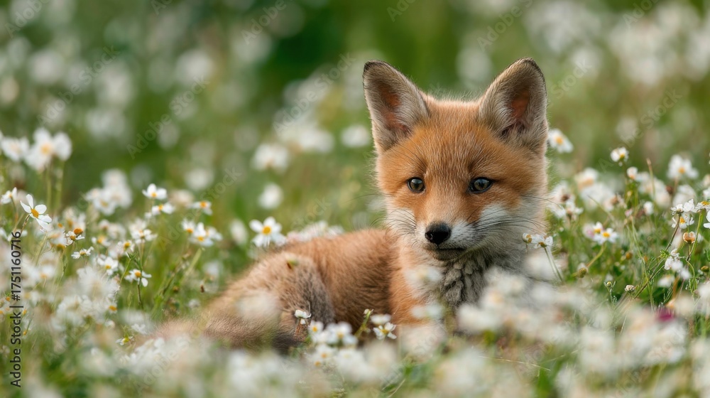 Fototapeta premium Adorable fox cub resting amidst a field of delicate white wildflowers in nature.