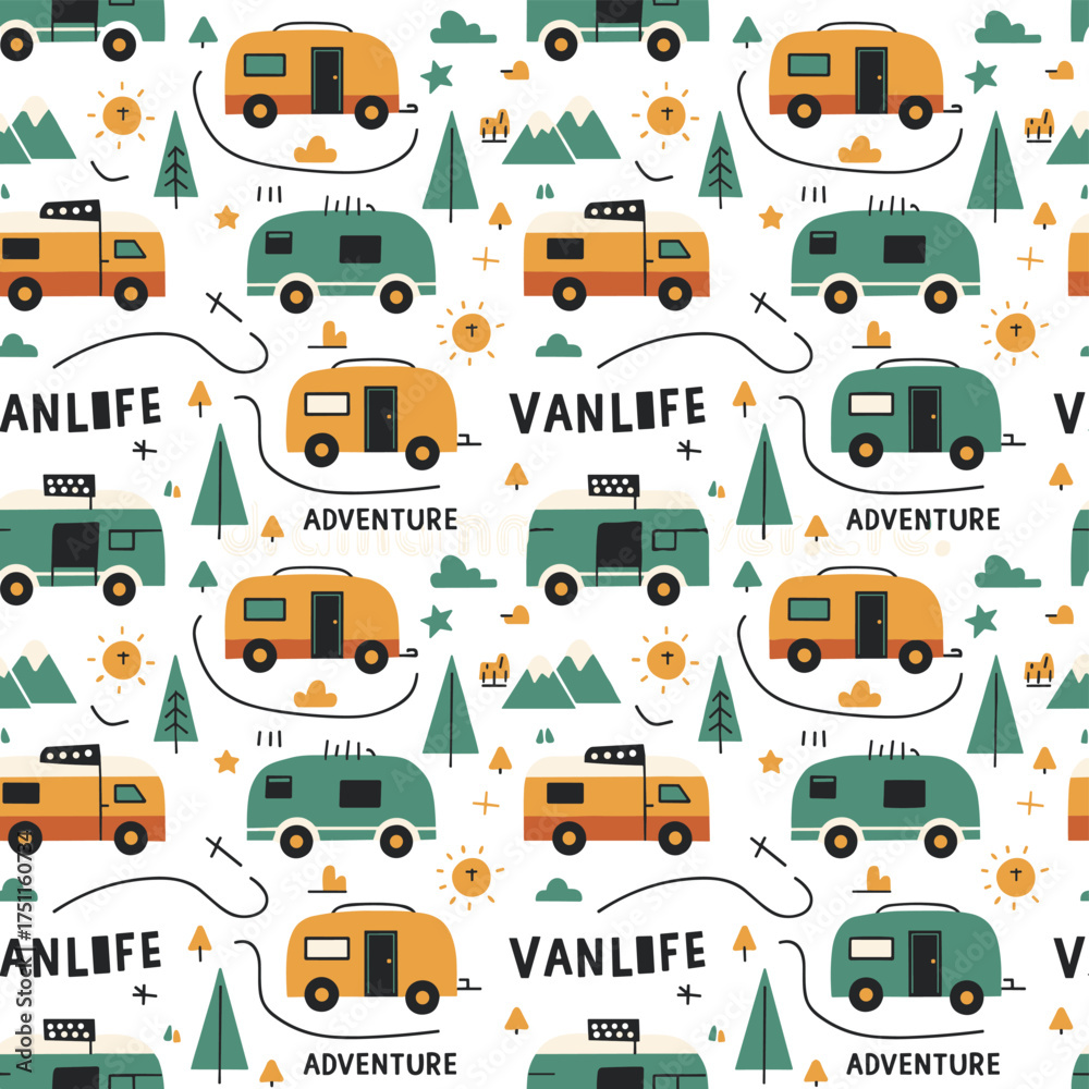 Naklejka premium A continuous pattern showcasing camper car trailers and caravans, paired with a road trip theme, doodles of camper vans, vanlife, and adventure