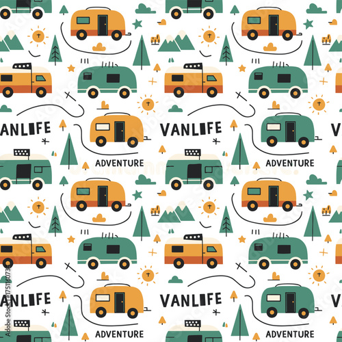 A continuous pattern showcasing camper car trailers and caravans, paired with a road trip theme, doodles of camper vans, vanlife, and adventure