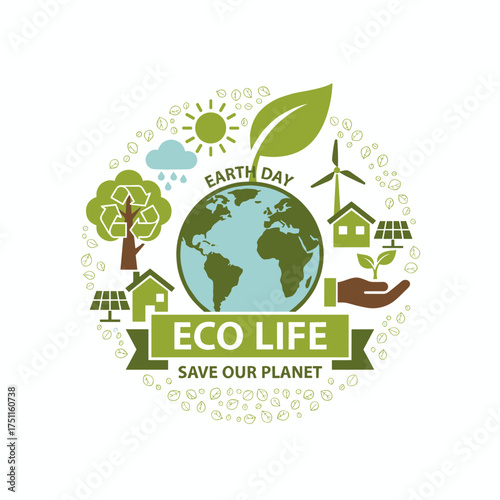 A green ecology-themed background showcases nature, planet protection, care, recycling, and the concept of saving Earth, celebrating Earth Day with a flat eco-life art style and an eco-city vector