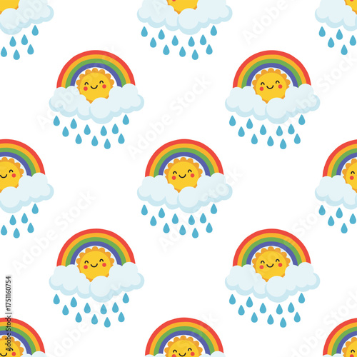 A cheerful rainbow, clouds, sun, and rain create a seamless pattern for children's print backgrounds, featuring a colorful vector cartoon illustration of a smiling sun