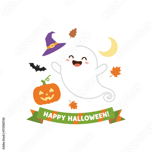 Holiday backdrop featuring a happy flying ghost, a cute Halloween ghost, a baby ghost, and an autumn greeting card for the Halloween holiday event