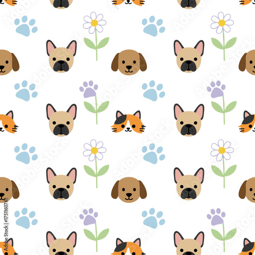 A seamless pattern featuring a dog paw, cat footprint, flower, French bulldog, kitten, calico, vector puppy, pet cartoon doodle, tile background, gift wrapping paper, repeat wallpaper illustration