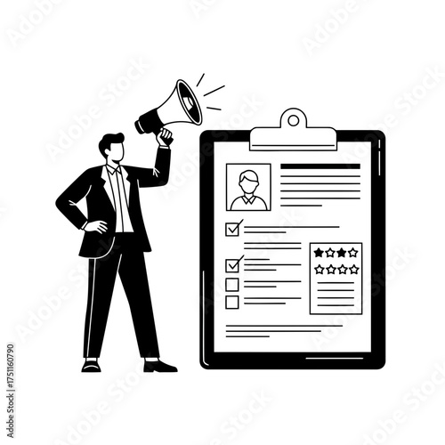Businessman holding a megaphone and standing next to a clipboard with a resume
