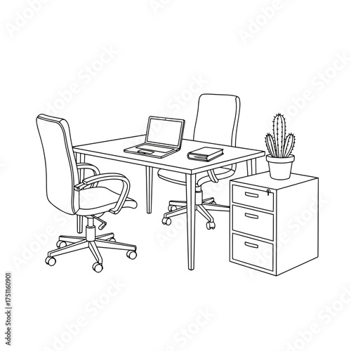 Office desk with chairs, laptop, book, and filing cabinet