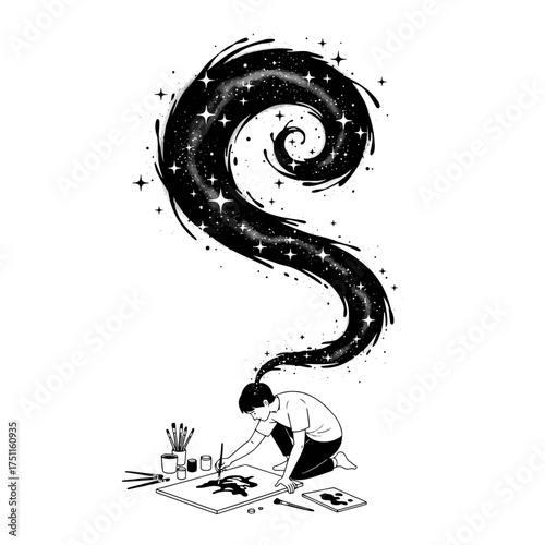 Artist creating a swirling galaxy from their imagination