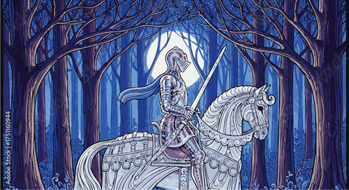 A Valiant Knight in Shining Armor Rides a Majestic White Horse Through a Mystical, Moonlit Forest, Embodying Medieval Fantasy and Epic Adventure