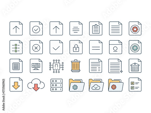 Collection of colorful line icons representing digital file management and data processing for modern technology design projects and user interface development