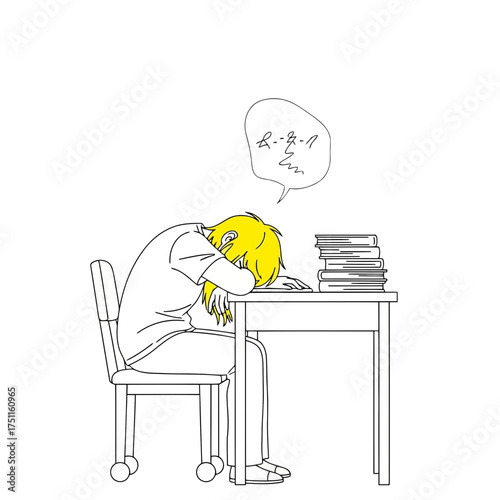 Student sleeping at desk with books, exhausted from studying