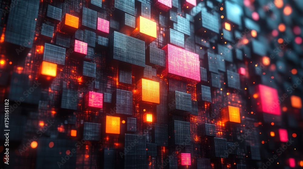 Obraz premium Abstract digital network of glowing cubes.