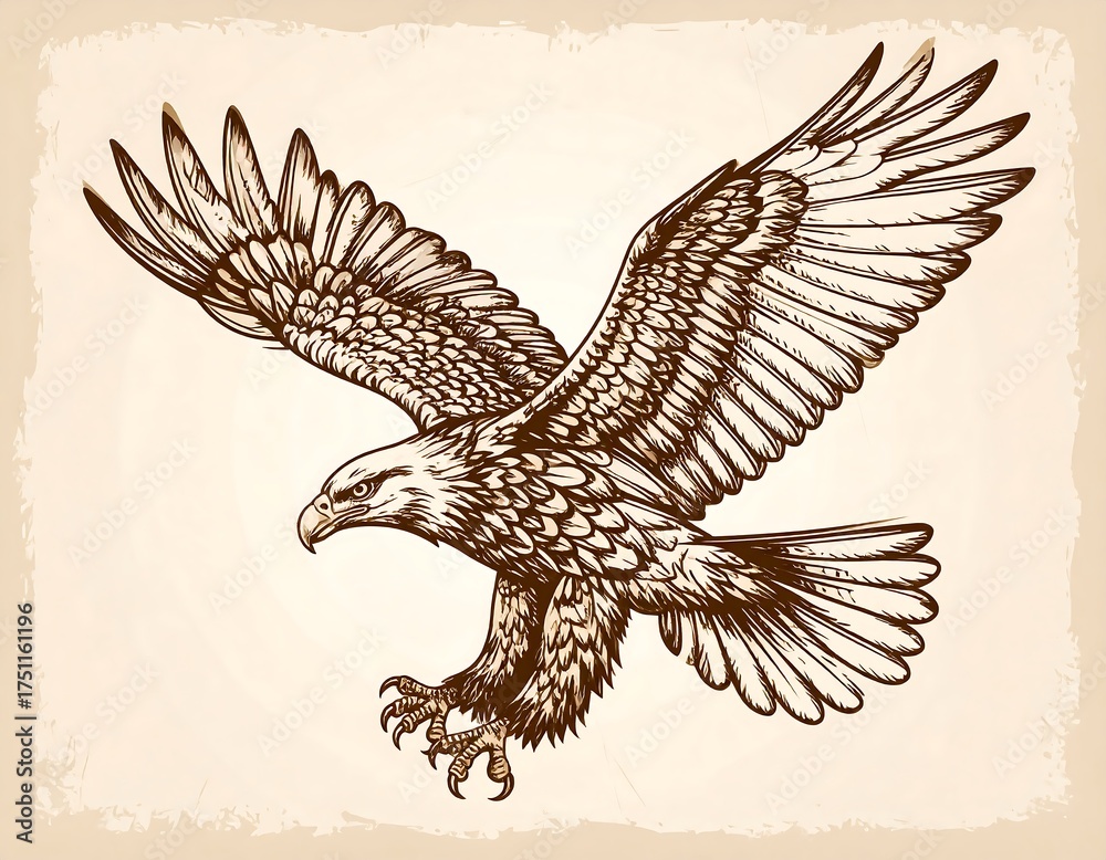 Fototapeta premium A detailed ink drawing of an eagle in mid-flight against an aged parchment background, showcasing its powerful wingspan and sharp talons