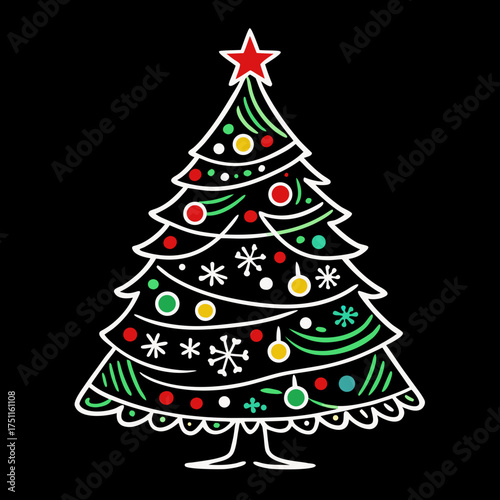 Hand-Drawn Christmas Tree Doodle Set – Line Art Vector Illustration on Black Background