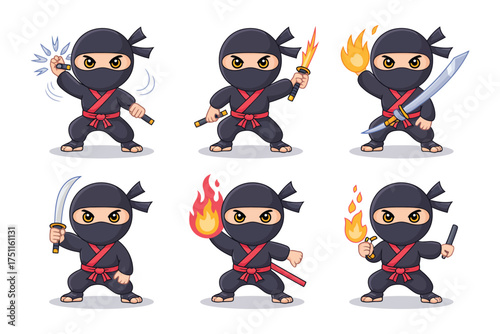 Ninja cartoon collection in various action poses, dynamic vector illustration