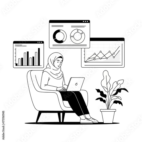 A woman wearing a hijab sits in a chair, working on a laptop, with charts and graphs displayed on screens around her, symbolizing data analysis and remote work