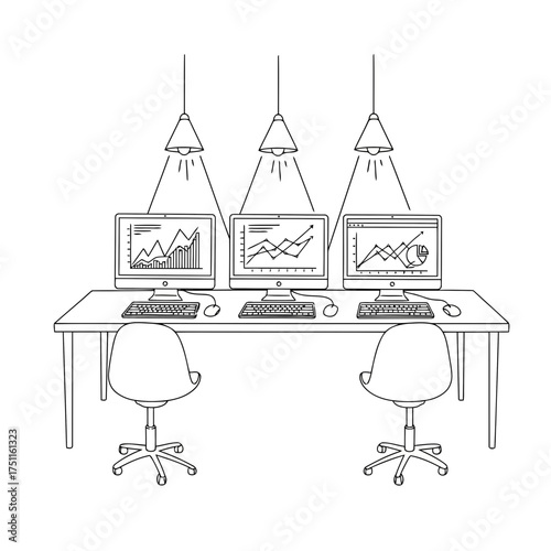Three computer workstations with charts on screens, office desk with chairs and lamps