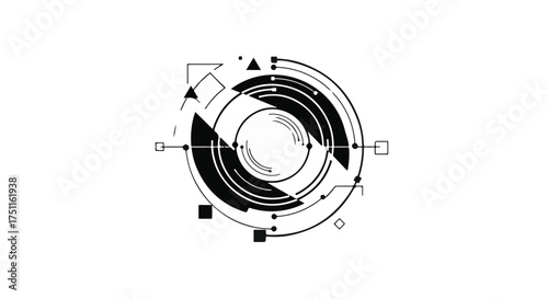 Futuristic circular interface with geometric shapes and digital elements on a white background.
