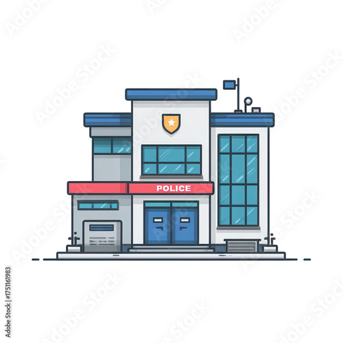 High quality photo of a modern police station building with blue doors and large windows isolated on transparent background
