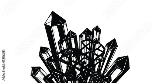 Abstract cluster of dark, sharp crystals against a stark white background