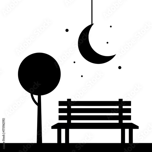 A minimalist silhouette of a park bench under a crescent moon and stars, with a round tree on the left, evoking a peaceful night scene