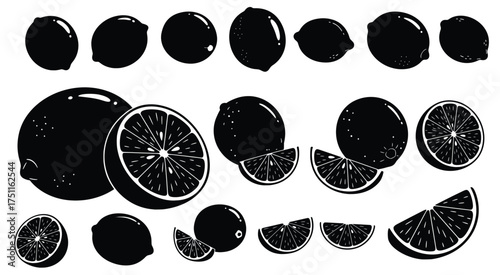 Citrus symphony: A bold silhouette arrangement of zesty lemons in varied forms. From whole fruits to perfectly sliced wedges, this design celebrates freshness and vibrancy.