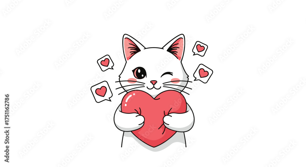 Fototapeta premium A cute white cat holds a large pink heart surrounded by smaller hearts.