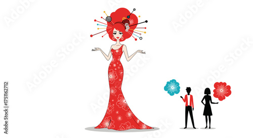 A stylish woman in a red dress with elaborate hair decorations stands out.