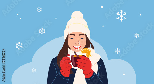 A woman enjoying a warm drink on a snowy winter day outdoors.