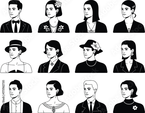 Elegant diverse people portraits in fashionable clothing and accessories line art