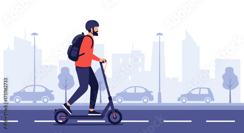 A man rides an electric scooter down a city street with cars in the background.