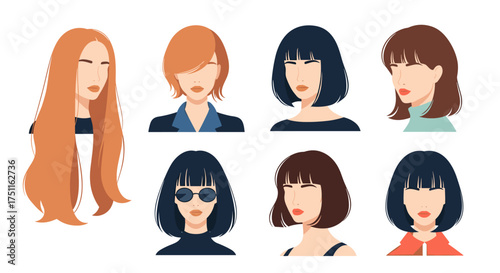 A diverse collection of illustrated female hairstyles and haircuts for styling inspiration.