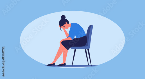 A woman sits in a chair with her head in her hands showing sadness or contemplation about her life situation.