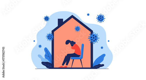 A person feeling isolated and distressed inside their home surrounded by the virus illustration.