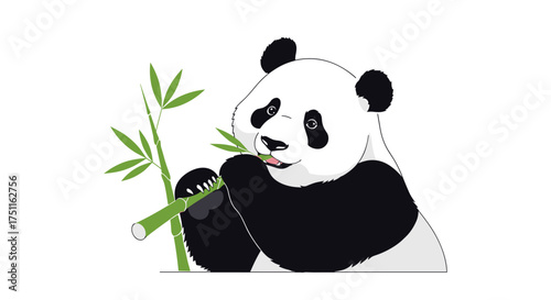 A cute giant panda happily eating green bamboo shoots in a forest.