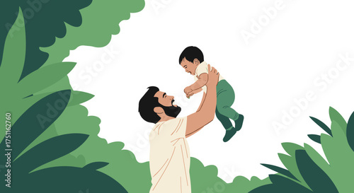 A father tenderly tosses his young child into the air surrounded by lush green foliage.