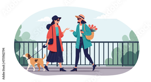 Two women enjoying a leisurely stroll with a dog and flowers.