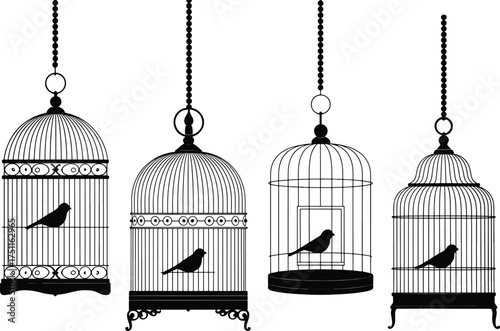 Elegant Vintage Birdcages with Birds Black and White Vector Illustration