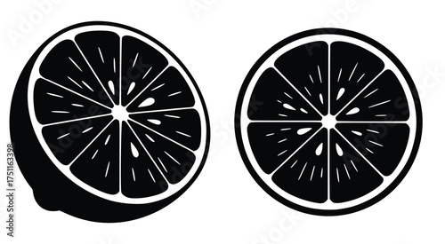 Zesty Citrus Duo: A striking black and white illustration of a sliced citrus fruit, revealing the vibrant segments and texture, a perfect representation of freshness and flavor.