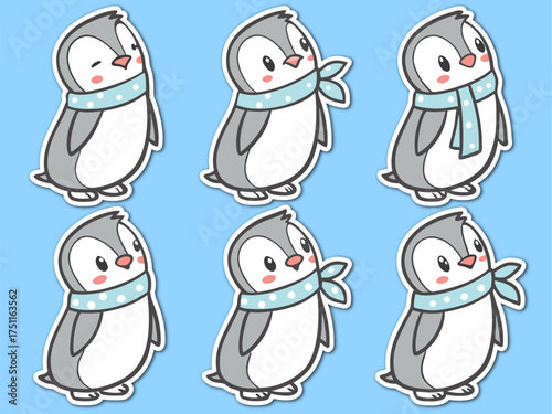 Six Cute Penguin Stickers with Blue Polka Dot Scarves on a Light Blue Background