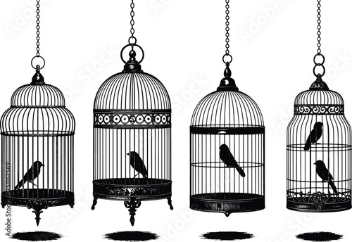 Silhouetted Birdcages with Birds Hanging with Chains Graphic Design