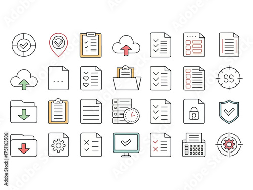 Collection of Document and File Management Icons for Business and Technology Applications depicting various tasks and actions