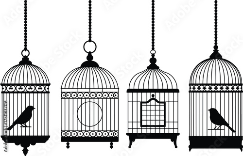 Elegant collection of black and white silhouette birdcages hanging gracefully