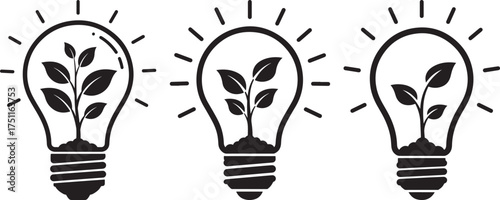 Three stylized light bulbs with growing plants inside representing eco friendly ideas and innovation silhouette