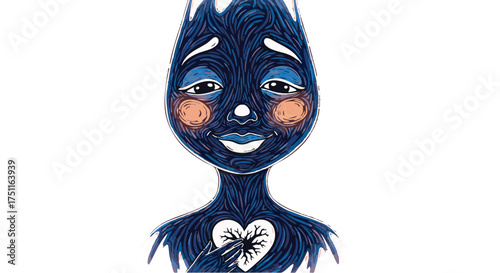Deep blue illustrative character with intricate swirling patterns, portraying a contemplative or vulnerable emotion, highlighting a symbolic heart