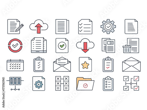 Collection of Document and Office Management Icons representing task organization and efficiency in workplace operations