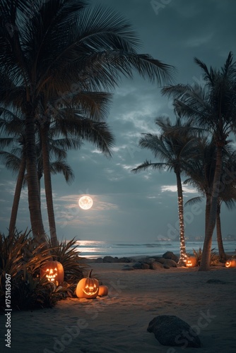 Moonlit halloween beach with carved pumpkins and palm trees