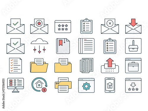 Collection of essential business and office icons representing communication organization and task management in a modern and minimalist style suitable for web and app design